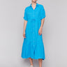 Lagoon blue dress with a button-front design and roll-up short sleeves by Charlie B.