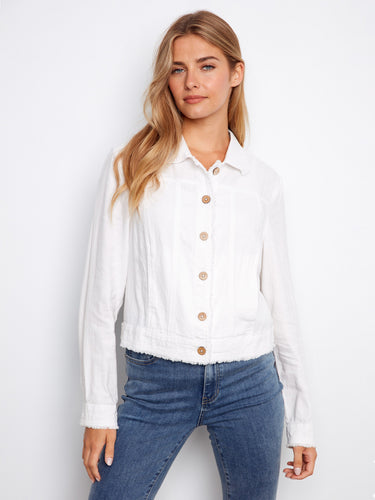 Elegant white jacket showcasing its frayed edges and classic style. Created by Charlie B.