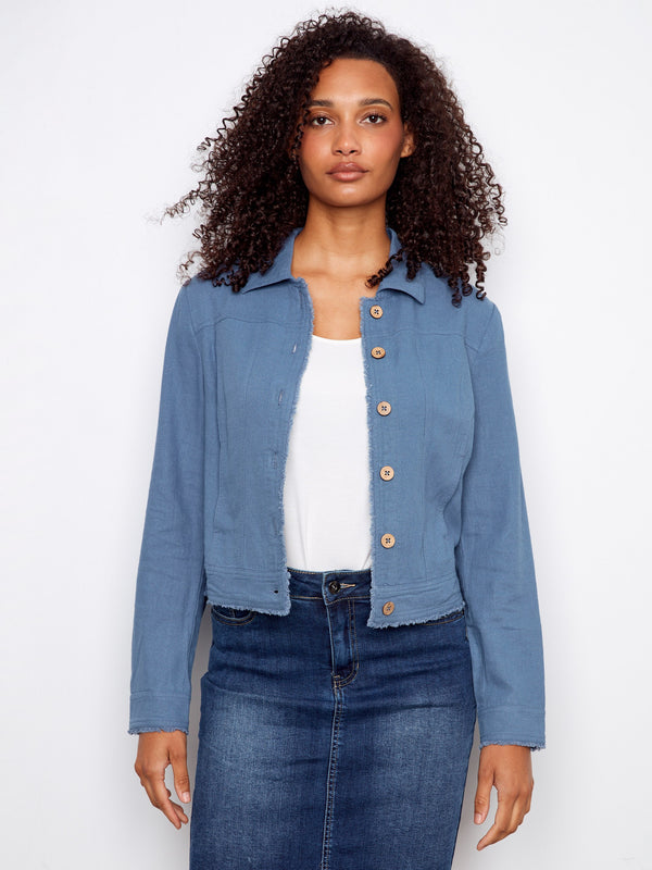 Stylish jacket with a front button closure, exuding a chic vibe. Perfect for casual outings or dressing up. By Charlie B.