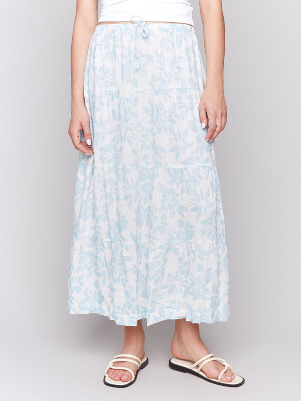 Floral print skirt crafted with an elegant tiered design by Charlie B.