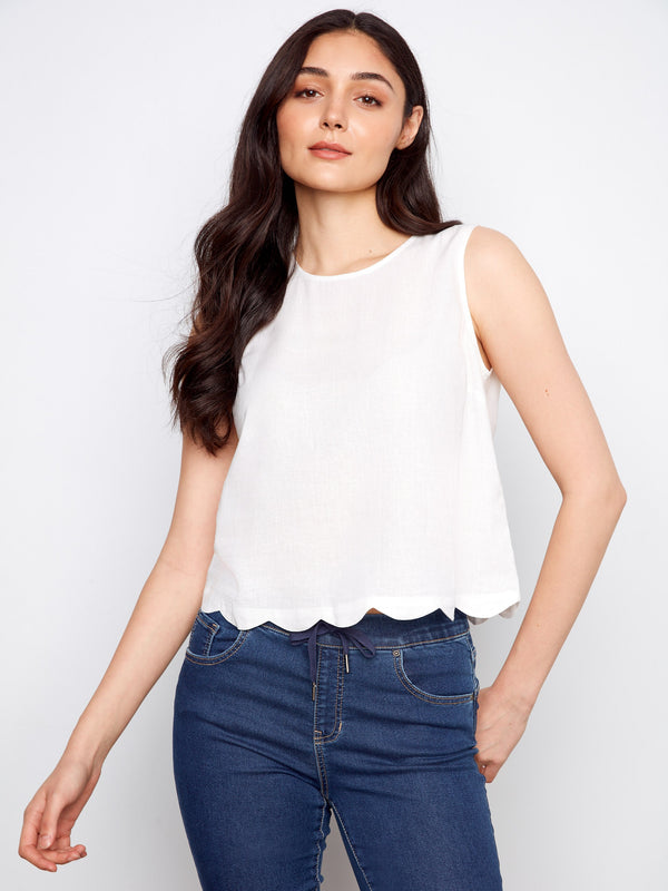Linen Blend Sleeveless Scalloped Top - White