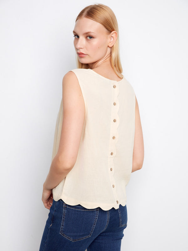 Linen Blend Sleeveless Scalloped Top - Fog