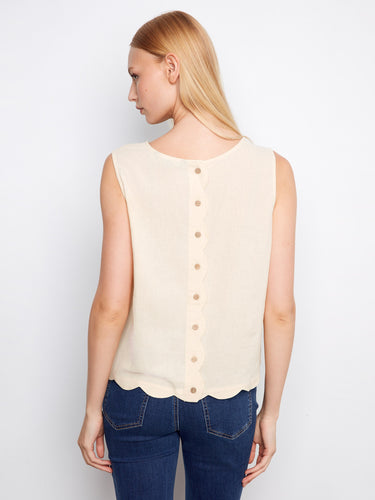 Chic fog-colored top showcasing decorative back buttons and a crew neckline, adding charm to your outfit by Charlie B.