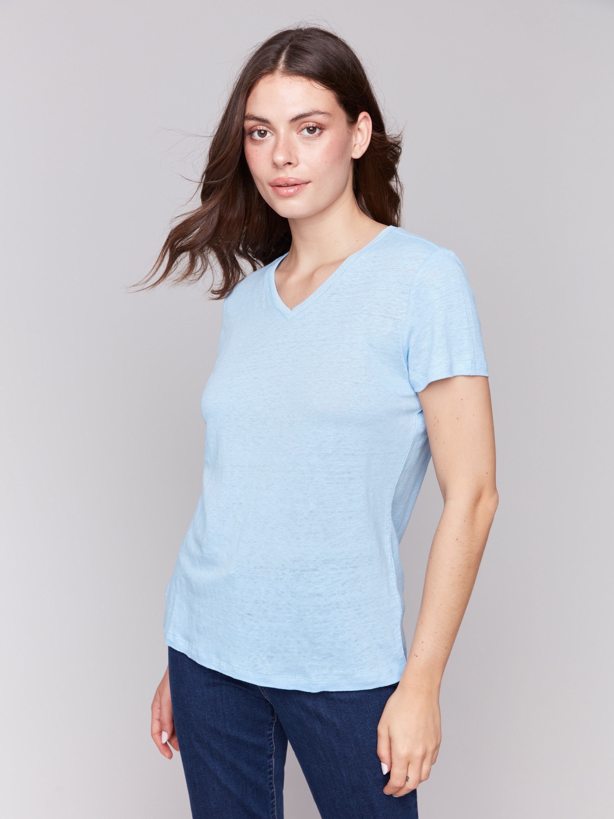 Bluebell V-neck t-shirt with short sleeves and neckband detail by Charlie B.