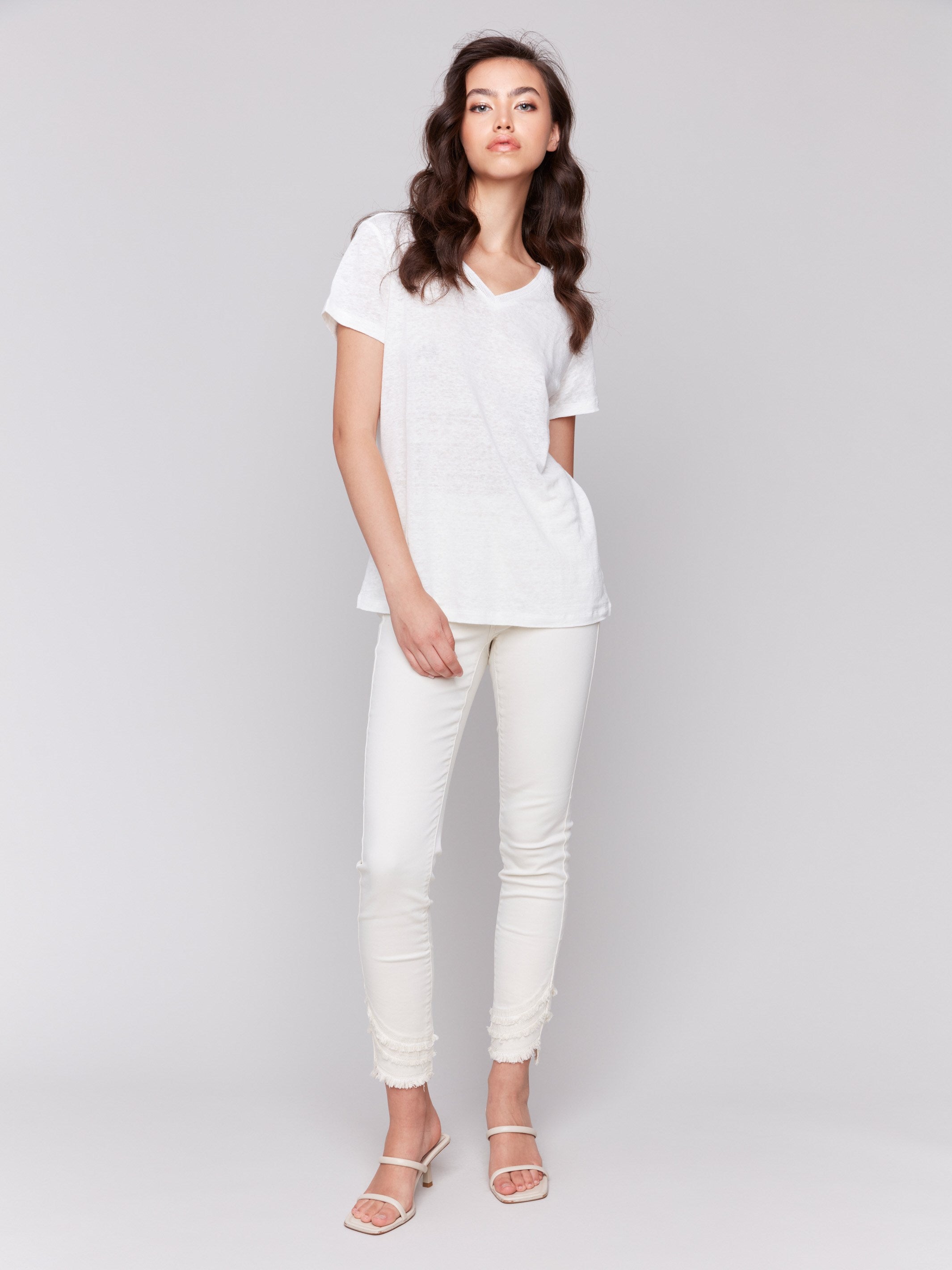 Natural V-neck t-shirt with short sleeves and neckband detail by Charlie B.