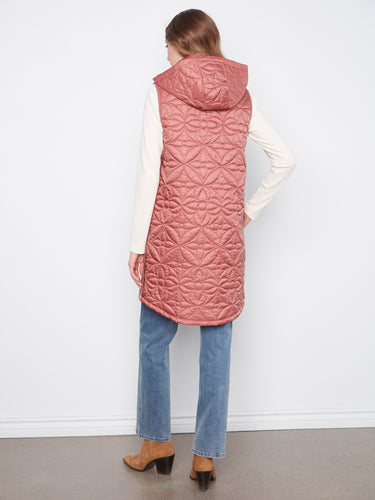 Elegant rosebud long vest with practical side snap buttons and zip-front closure by Charlie B.