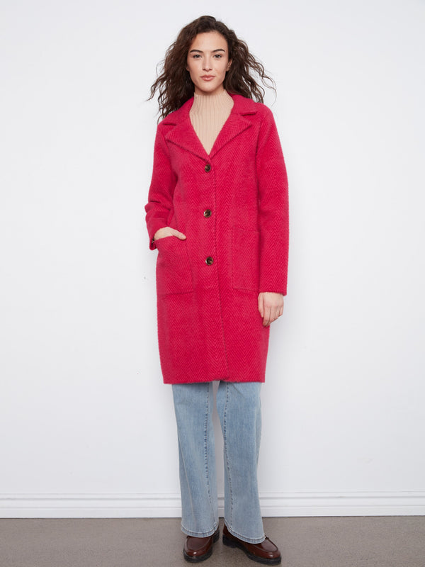Manteau-cardigan long en tricot - Cerise