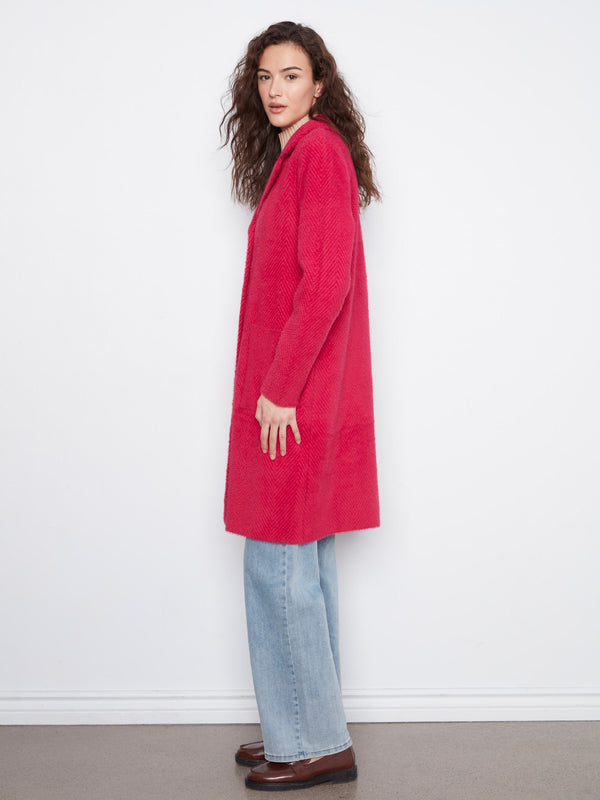 Manteau-cardigan long en tricot - Cerise