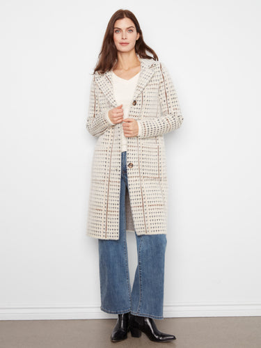 Stylish plaid knit coatigan featuring front patch pockets and longline silhouette by Charlie B.