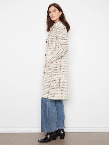 Elegant plaid coatigan with button closure, highlighting the longline silhouette by Charlie B.