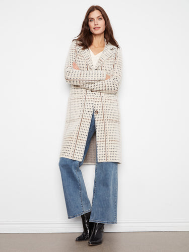 Cozy plaid knit coatigan showcasing its relaxed fit and stylish design by Charlie B.