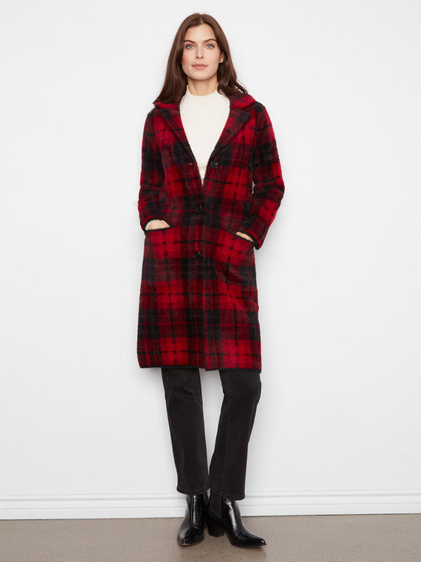 Manteau-cardigan long en tricot à carreaux - Canneberge
