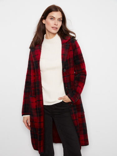 Stylish longline plaid coat with front patch pockets, adding both functionality and flair. By Charlie B.