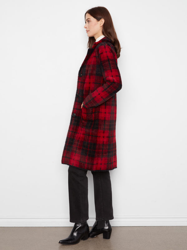 Manteau-cardigan long en tricot à carreaux - Canneberge
