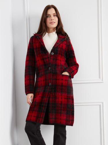 Chic red plaid coat with convenient front button closure, effortlessly fashionable. By Charlie B.