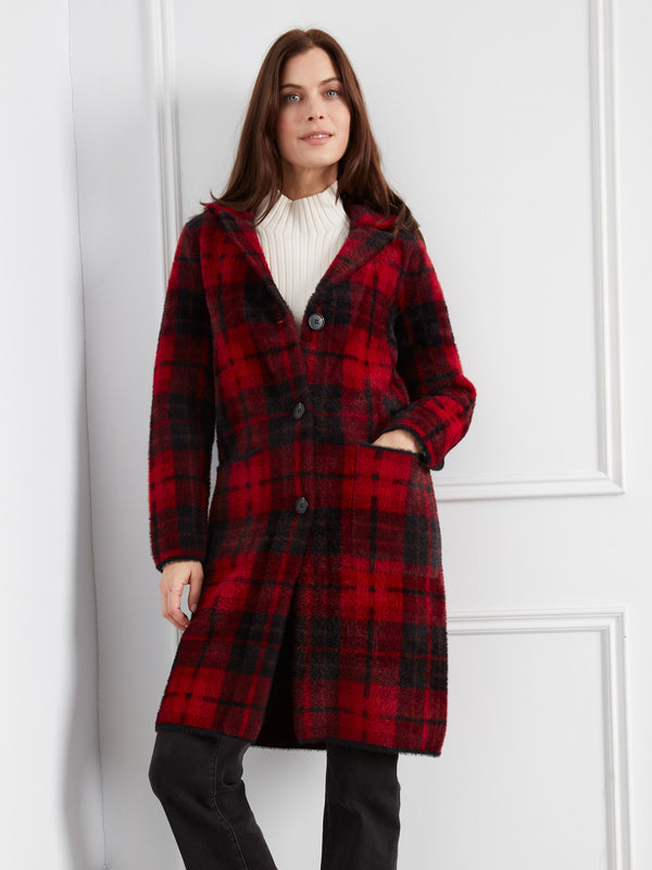 Manteau-cardigan long en tricot à carreaux - Canneberge