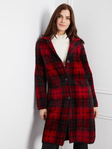 Classic longline silhouette in this plaid coat provides timeless elegance and warmth. By Charlie B.