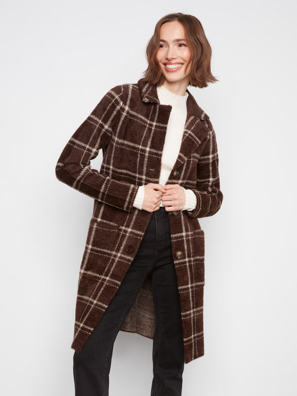 Manteau-cardigan long en tricot à carreaux - Chocolat