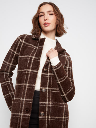 Elegant brown plaid coat in a longline silhouette, perfect for a sleek and modern look by Charlie B.