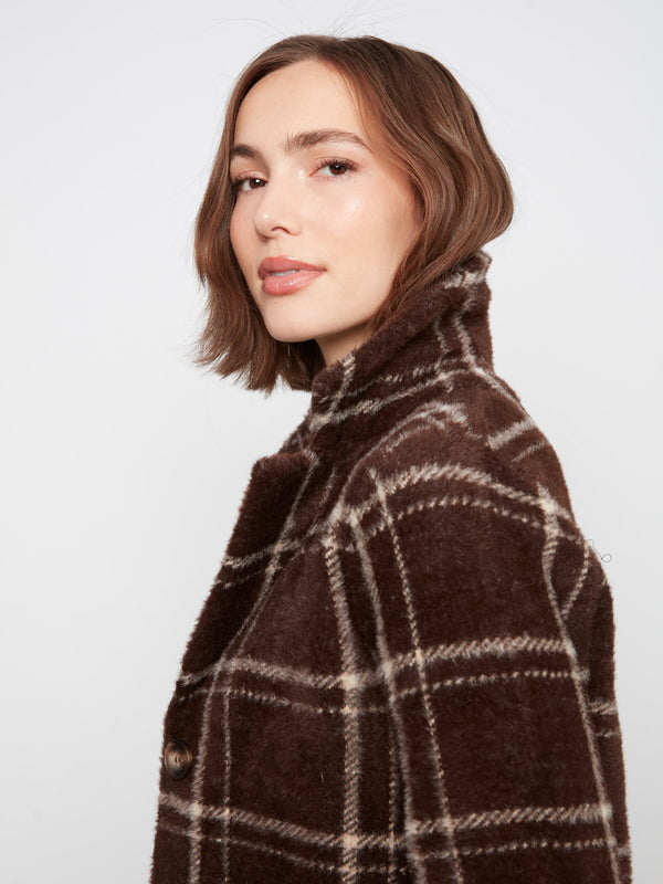 Manteau-cardigan long en tricot à carreaux - Chocolat