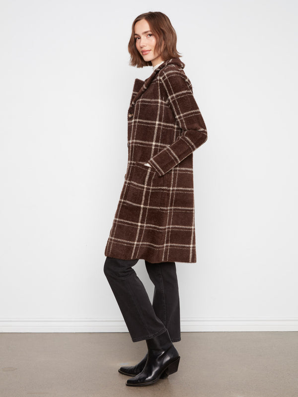 Manteau-cardigan long en tricot à carreaux - Chocolat