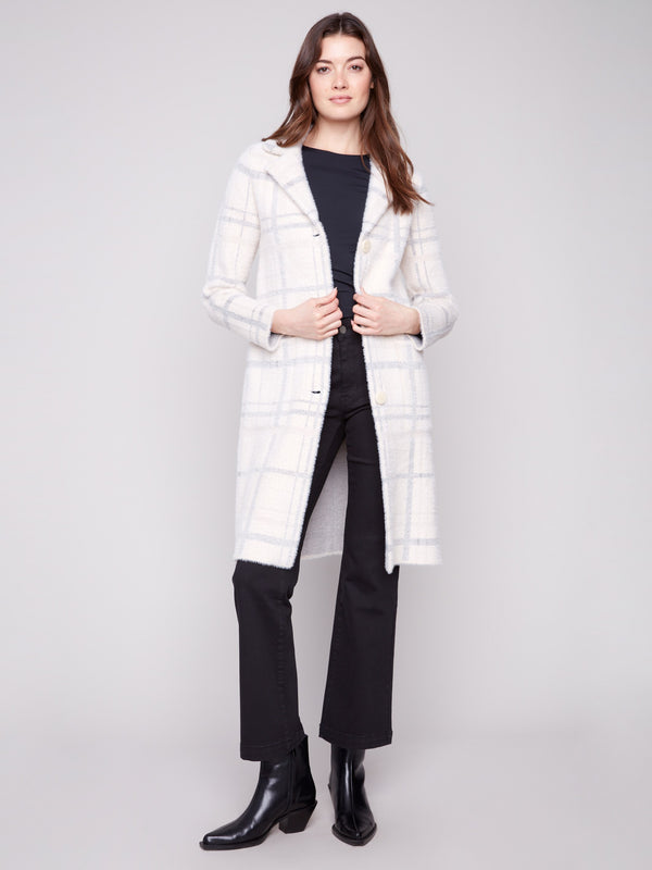 Ivory plaid coatigan with a plush texture and button front, featuring long sleeves and side pockets by Charlie B.