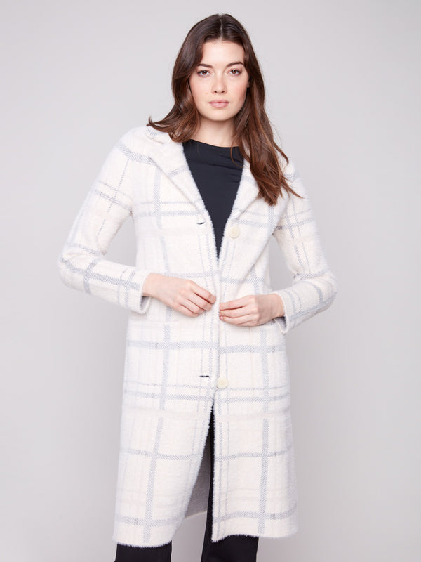 Chic plaid coatigan in ivory, showcasing a stylish lapel collar with button front closure by Charlie B.