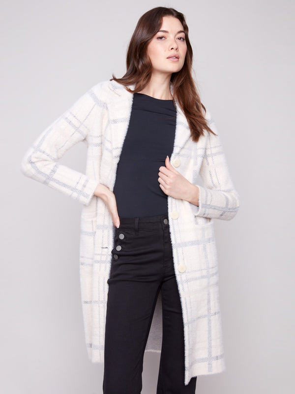 Stylish long-sleeve ivory coatigan with button front closure and cozy lapel collar by Charlie B.