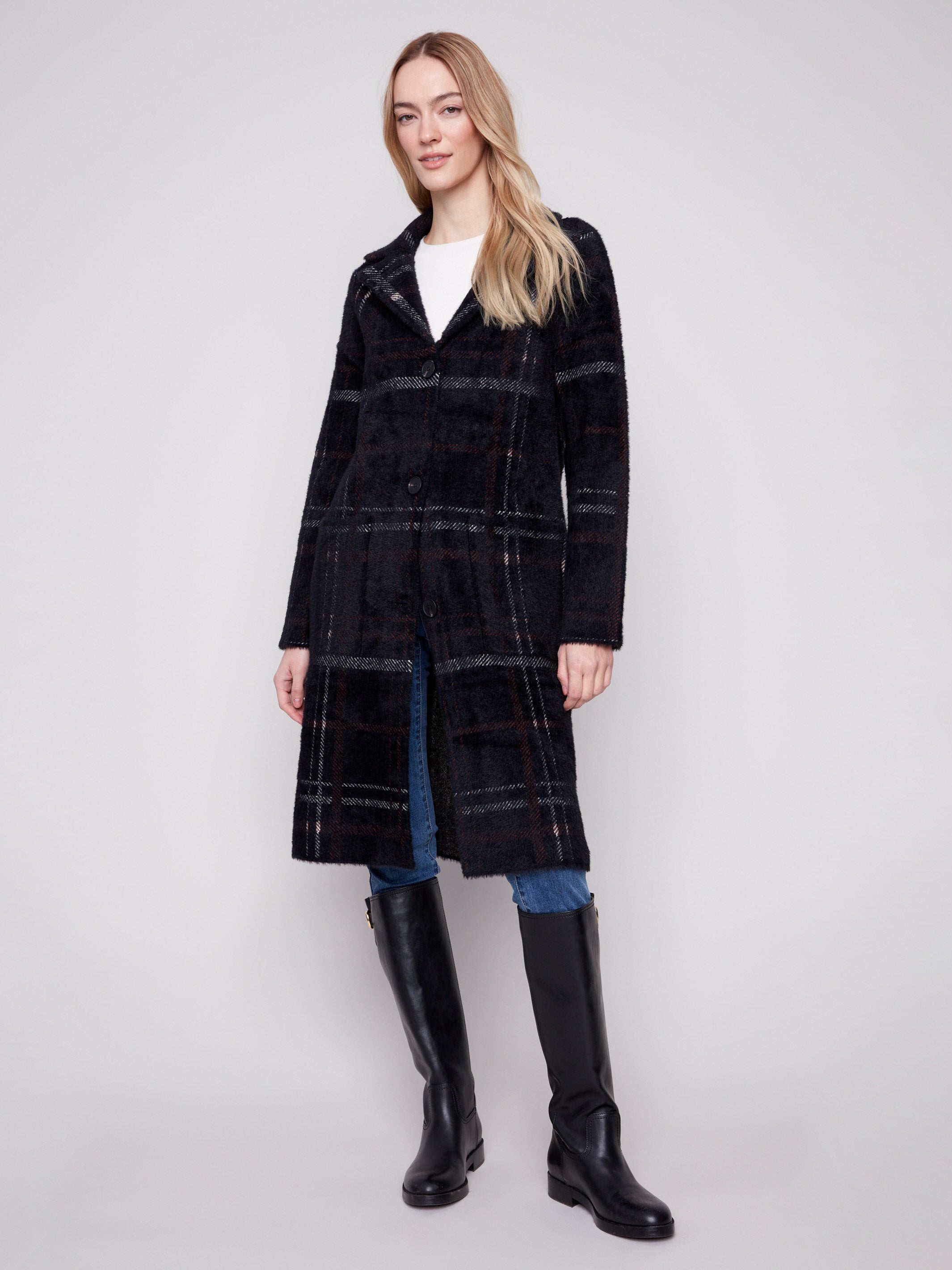 Plaid coatigan in mocha with a plush texture, featuring long sleeves and button front closure for cozy elegance by Charlie B.