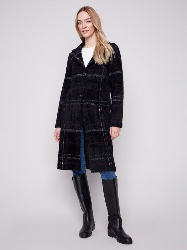 Plaid coatigan in mocha with a plush texture, featuring long sleeves and button front closure for cozy elegance by Charlie B.