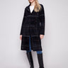 Plaid coatigan in mocha with a plush texture, featuring long sleeves and button front closure for cozy elegance by Charlie B.