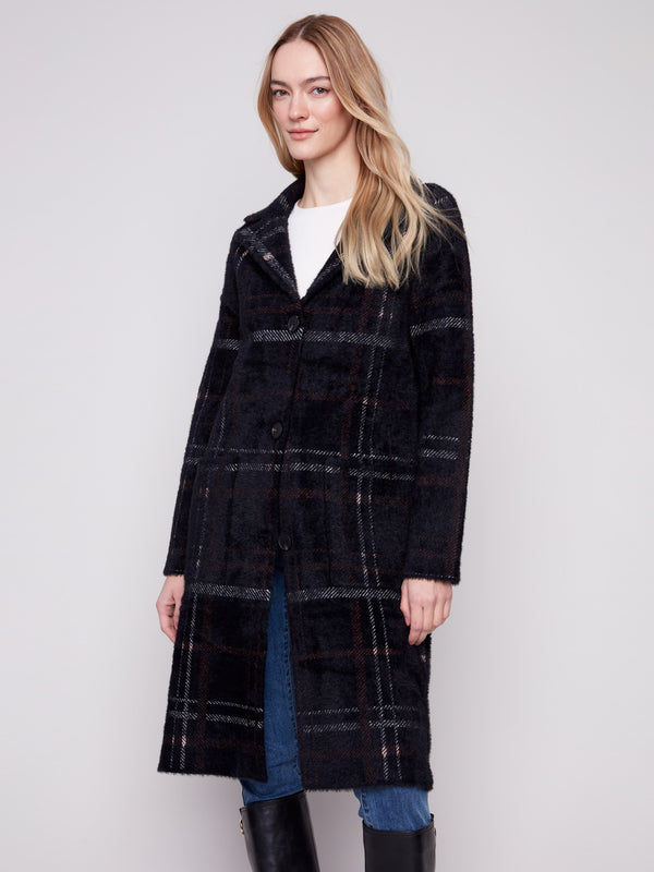 Mocha plaid coatigan with a lapel collar and two pockets, designed for style and practicality by Charlie B.