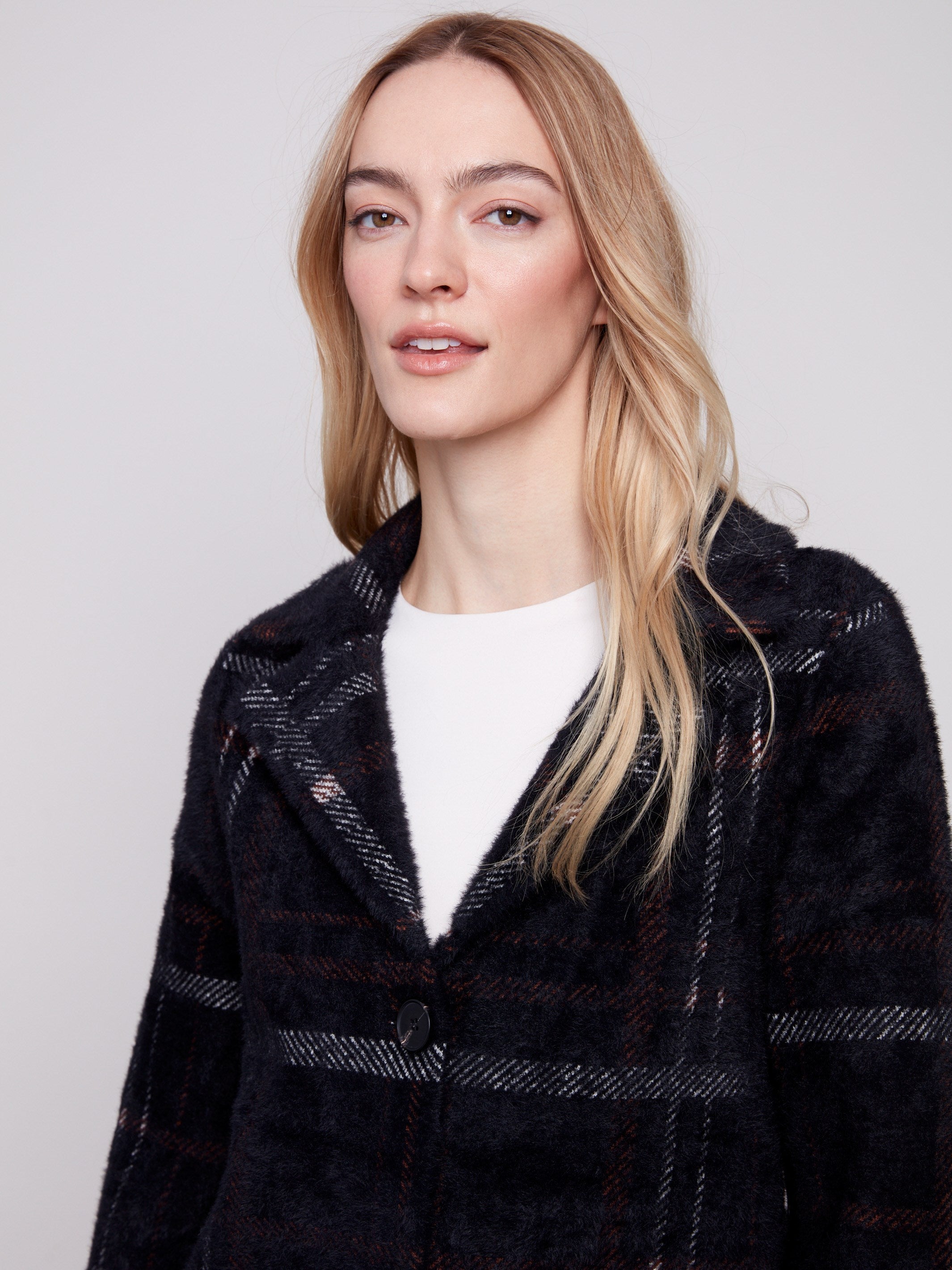 Chic plaid coatigan in mocha with button front closure, offering warmth and sophistication by Charlie B.