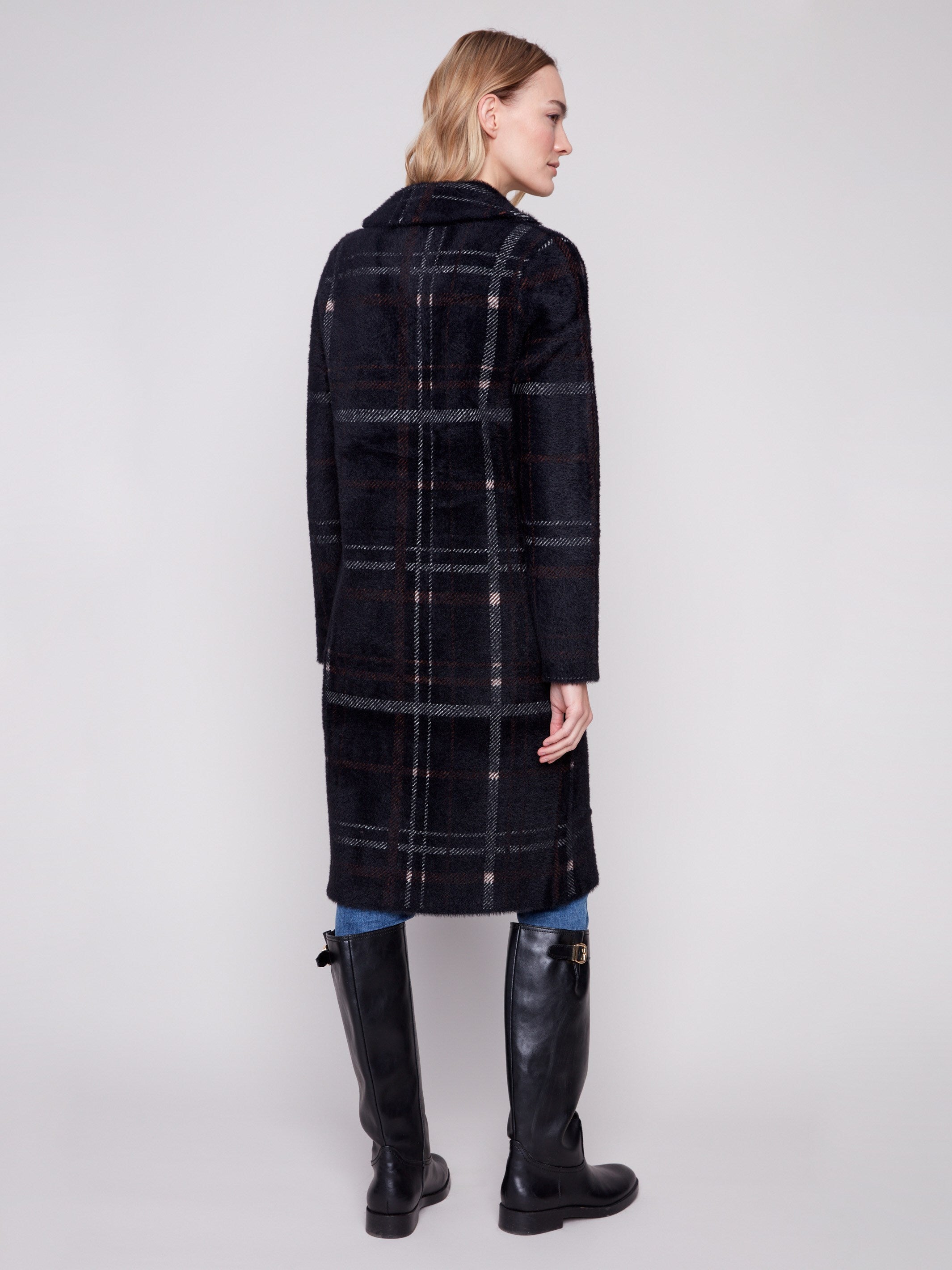 Elegant mocha plaid coatigan showcasing a lapel collar, perfect for layering in style by Charlie B.