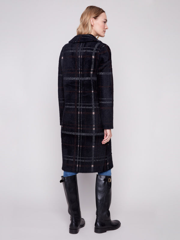 Elegant mocha plaid coatigan showcasing a lapel collar, perfect for layering in style by Charlie B.