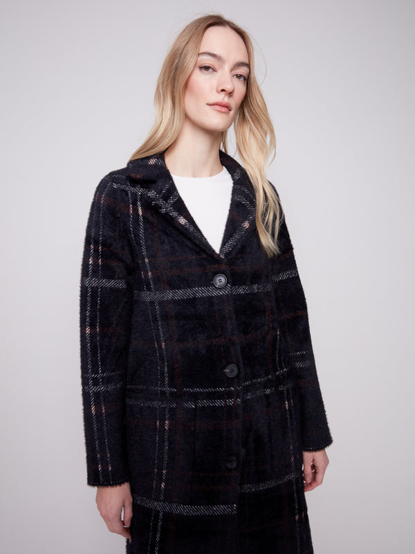 Stylish plaid coatigan in mocha with two convenient pockets, ideal for everyday wear by Charlie B.