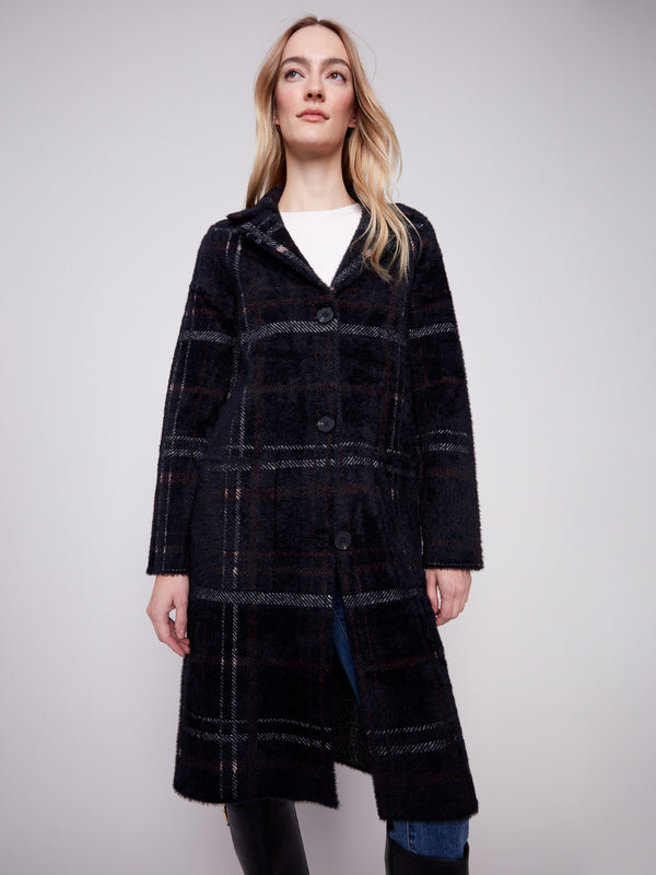 Long Plaid Knit Coatigan - Mocha