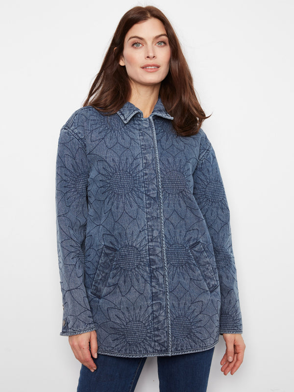 Long Quilted Denim Jacket - Medium Blue