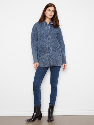 Blue quilted denim jacket featuring a relaxed fit and floral pattern, perfect for layering, by Charlie B.