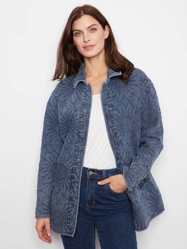 Floral quilted denim jacket with button cuffs for an adjustable fit on cooler days, by Charlie B.