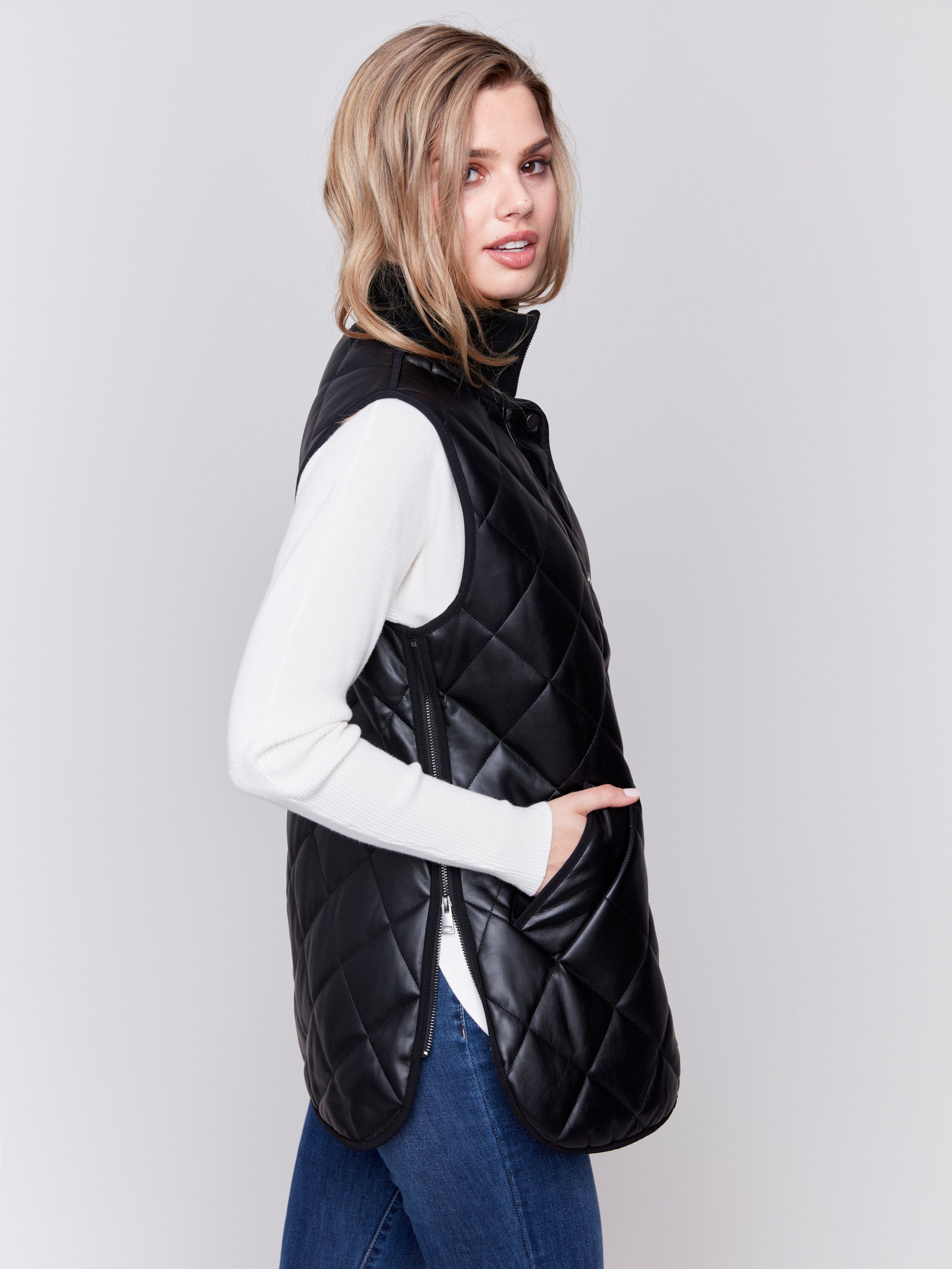 Charlie B Quilted Faux Leather Vest Black XXL