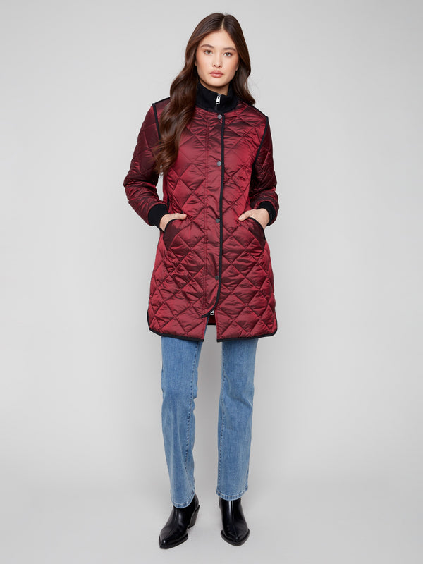 Cabernet quilted puffer jacket featuring zipper front with snap buttons, perfect for chilly days by Charlie B.