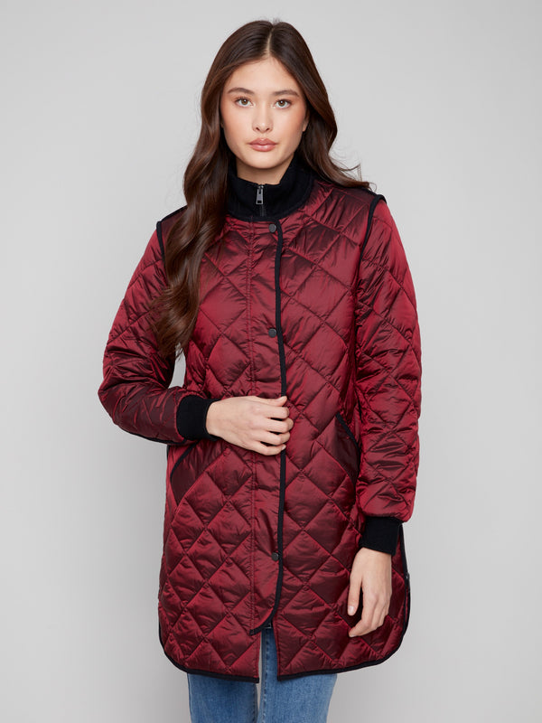 Stylish cabernet puffer jacket with side zipper details, adding a modern touch to your outfit by Charlie B.