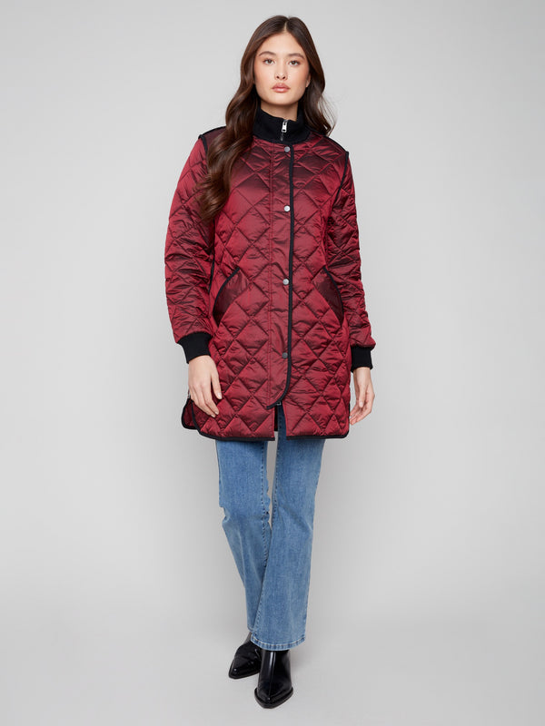 Chic cabernet jacket showcasing rib knit detailing on the cuffs and collar for added comfort by Charlie B.