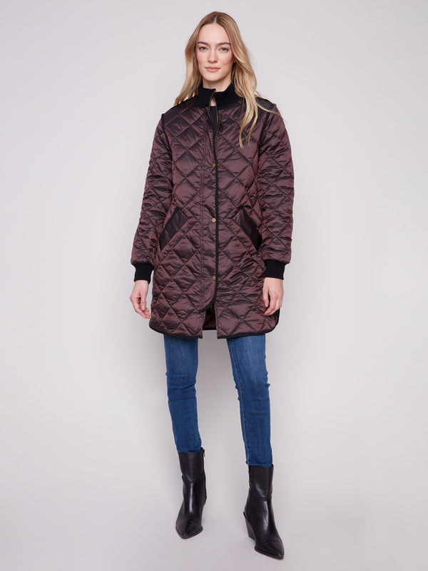 Mocha quilted puffer jacket with rib knit detailing and a stylish snap button closure by Charlie B.