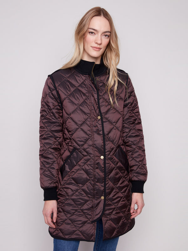 Elegant mocha puffer jacket featuring a zipper front with snap buttons for added style by Charlie B.