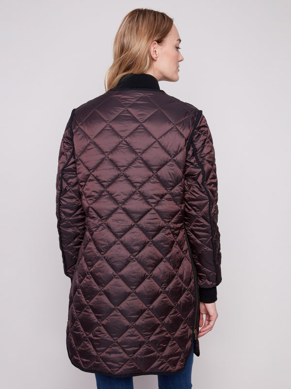 Chic mocha quilted jacket showcasing side zipper details for a modern touch by Charlie B.