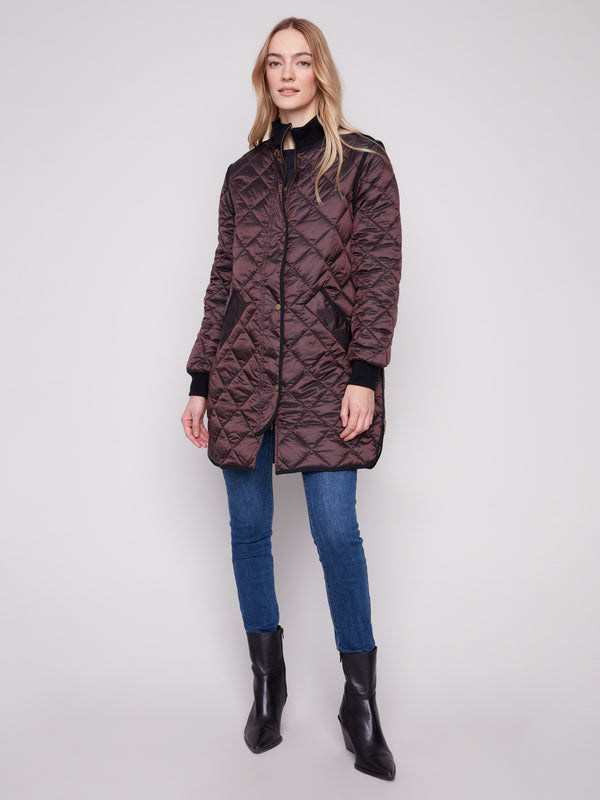 Stylish mocha puffer coat with two front welt pockets, perfect for keeping essentials handy by Charlie B.