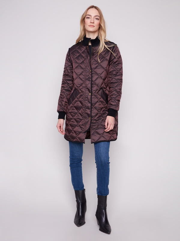 Mocha long quilted puffer jacket with rib knit collar and cuffs by Charlie B.