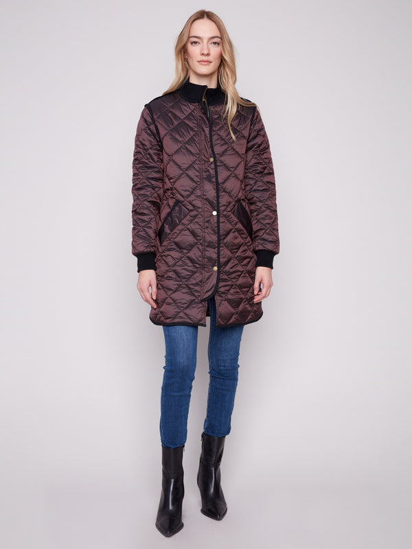 Mocha long quilted puffer jacket with rib knit collar and cuffs by Charlie B.